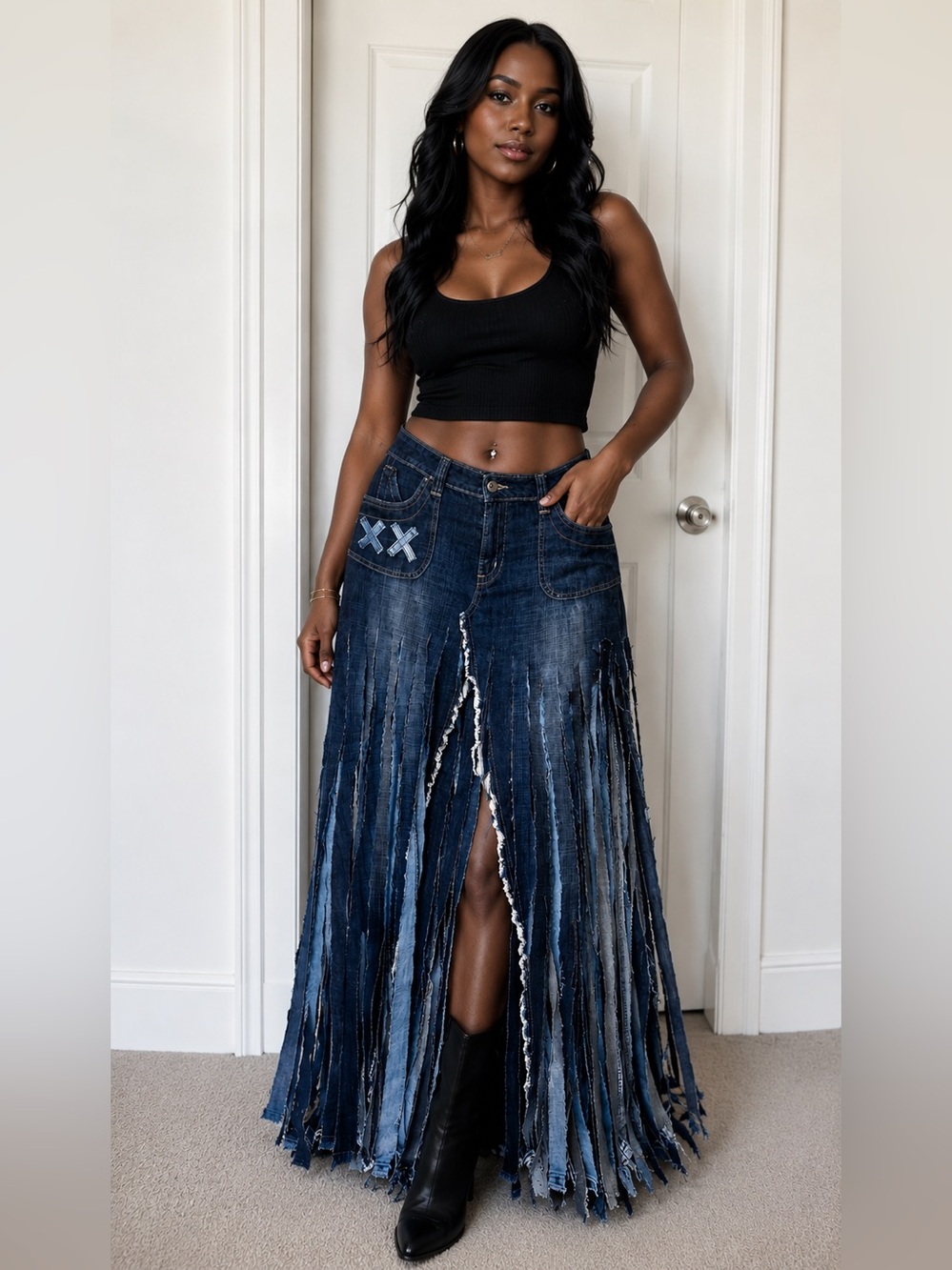 Upcycled triple layered Dark Blue Denim Fringe Maxi Skirt size M/L